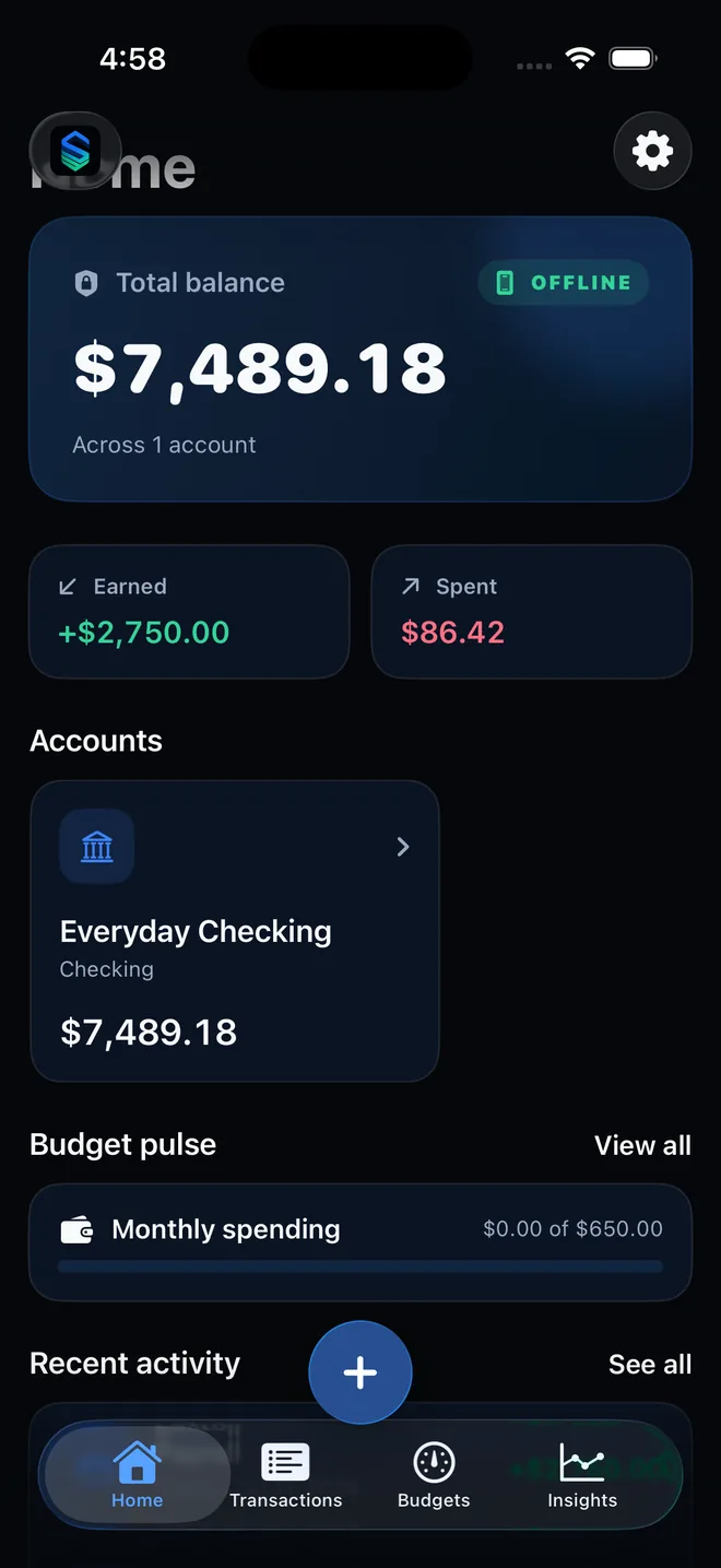 Sumstead’s Home screen showing total balance, an account, monthly budget, and recent activity.